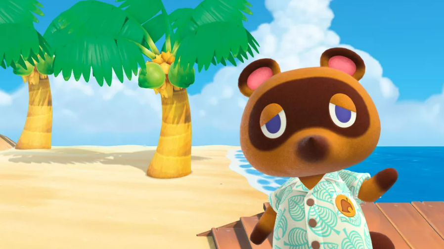 Tom Nook waving on the beach